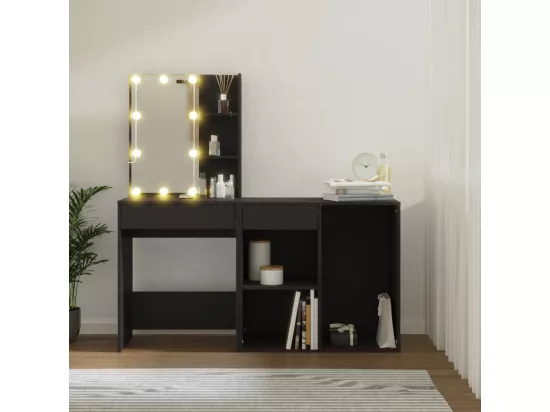Coiffeuse à LED avec armoire noir bois d'ingénierie