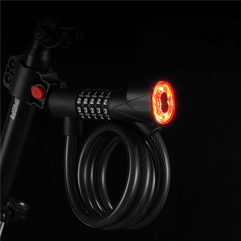 2in1 Fahrrad Schloss USB Velo Rücklicht 5-Stelliges Code Zahlenschloss   Halterung - Schwarz