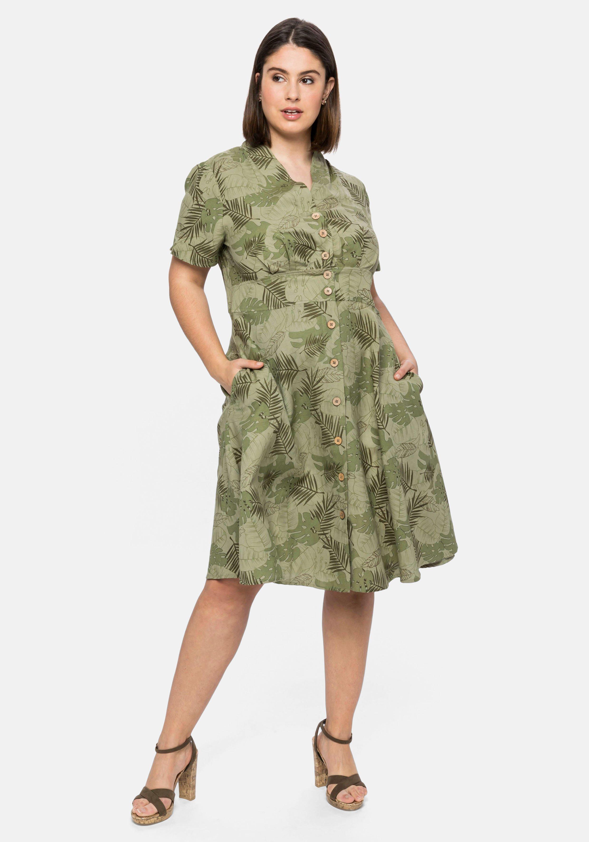 Midikleid mit Blätterprint und Knopfleiste