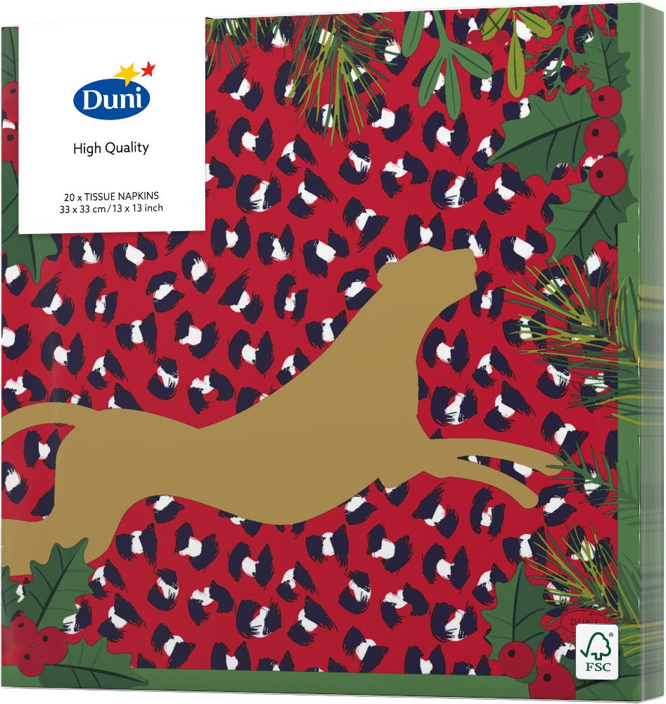 Duni servetten Wild Xmas rood / goud 33 x 33 cm 20 stuks