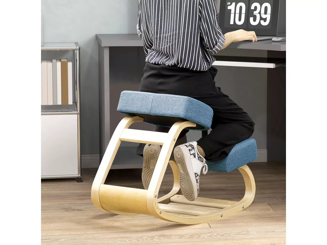 Tabouret ergonomique - siège assis à genoux - chaise à genoux grand confort - bois bouleau polyester bleu