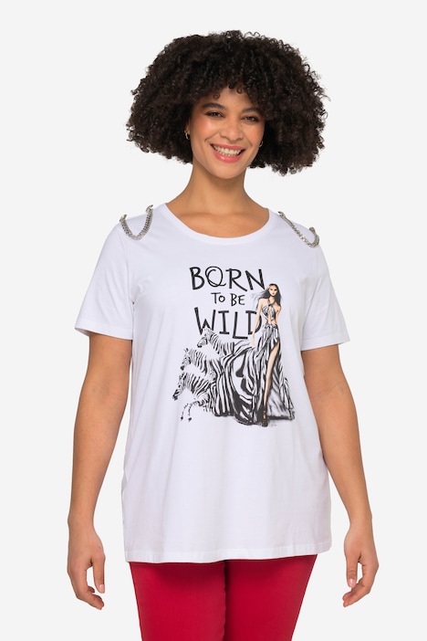 T-Shirt, Zebra-Motiv, Rundhals, Halbarm mit Zierkette