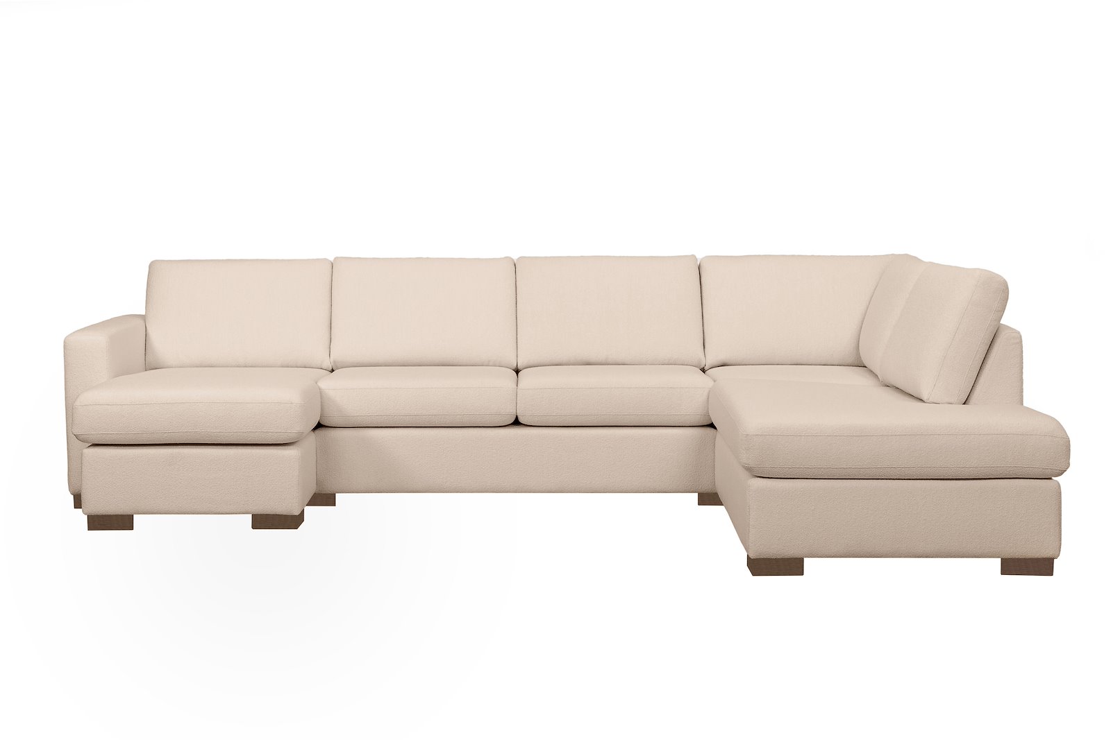 Pixel U-sofa Sjeselong venstre, 2-seter, hjørne og åpen ende høyre. I tekstil Niva BP01-02 Beige, lav front, sorte treben W02, og arm A15. Komfort 1.