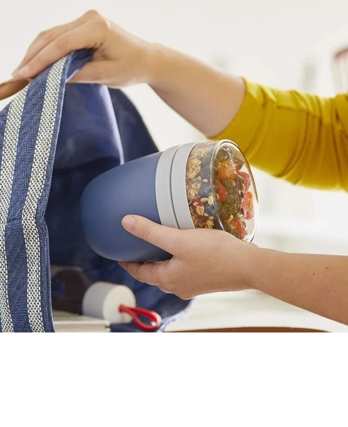 (2er Set) 700ml Lunch Pot mit 2 Essens Behälter / Müsli / Joghurt / Suppe - Blau / Schwarz