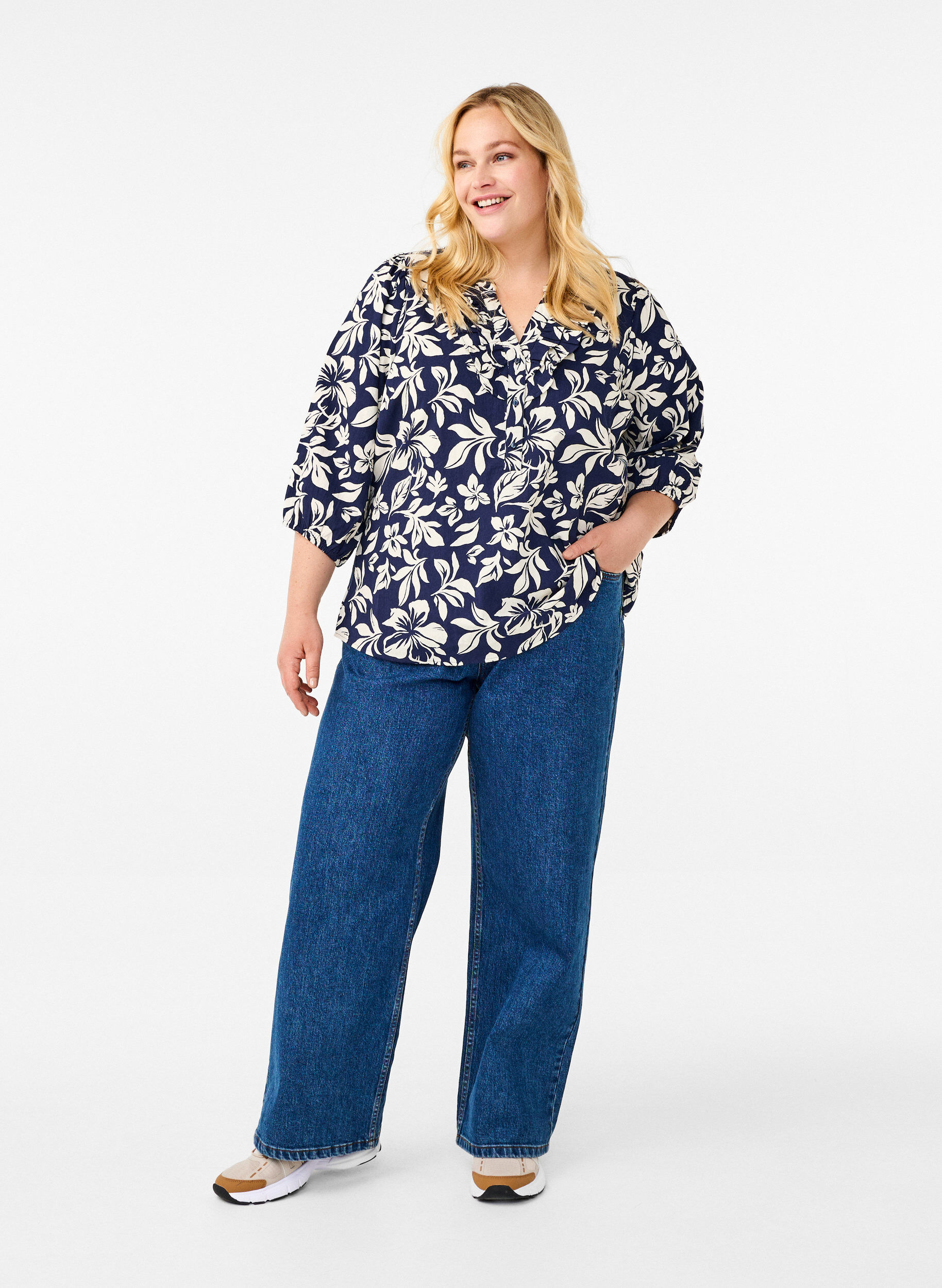 3/4 ærmet bluse i bomuld med print