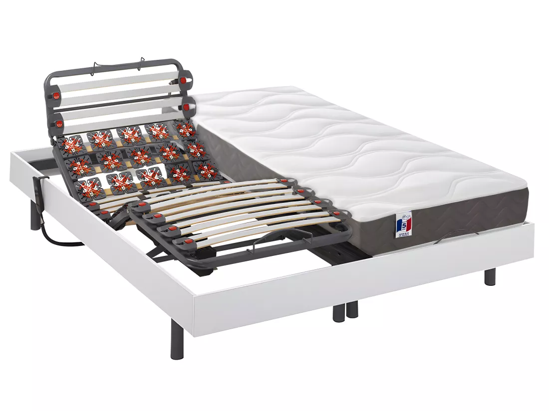 Lit électrique de relaxation lattes et plots + matelas 100% latex 3 zones - 2 x 80 x 200 cm - Blanc - MENELAS de YSMÉE