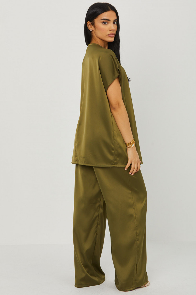 Ensemble 2 pièces blouse + pantalon satiné kaki