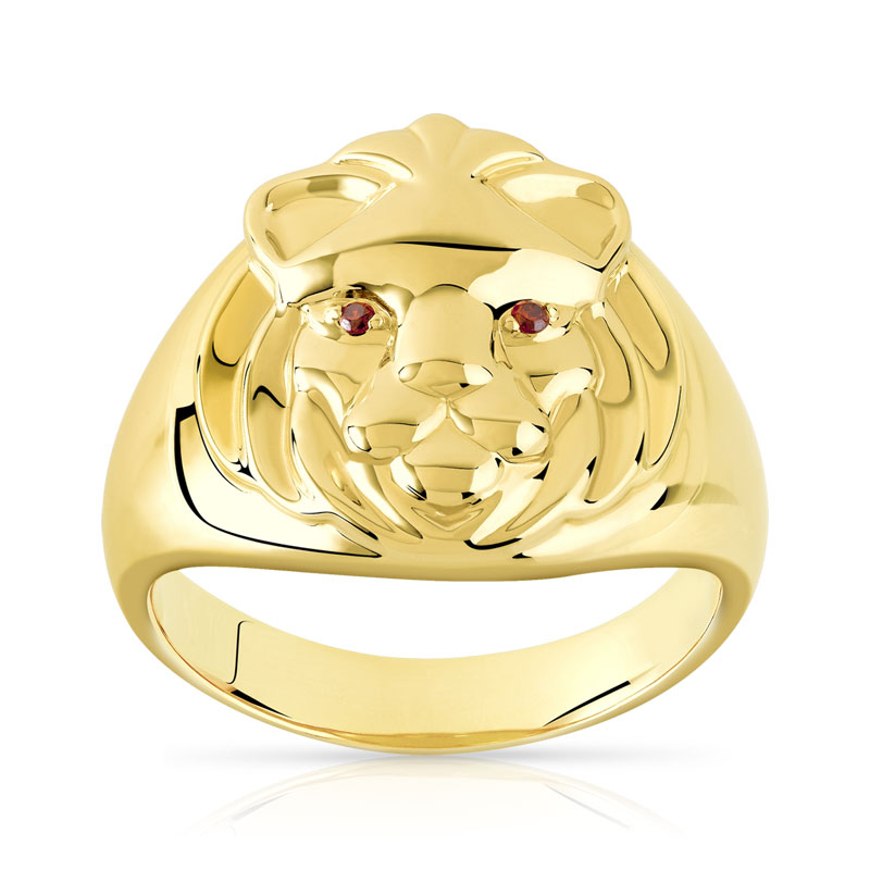 Chevalière plaqué or tête de lion zirconias rouges