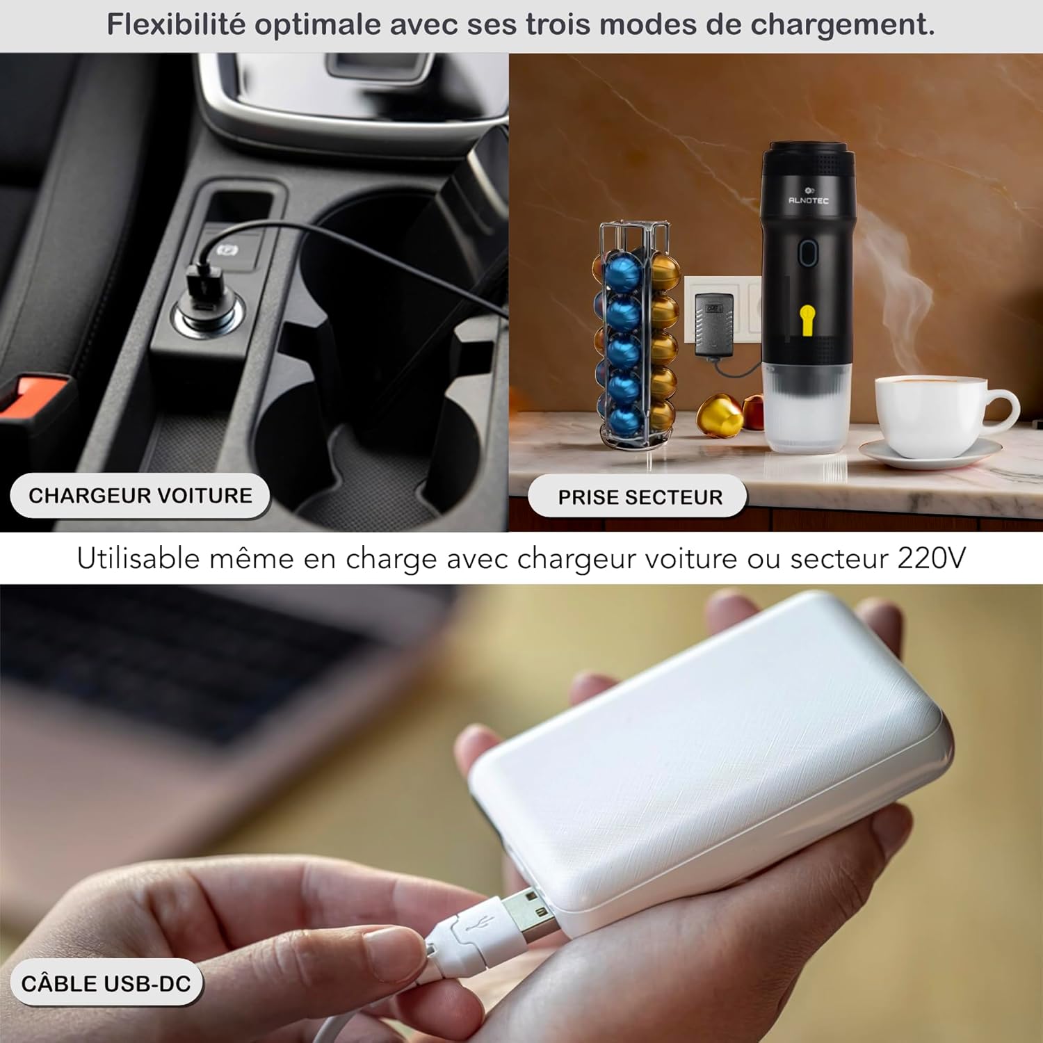 ALNOTEC-Machine à Café Portable-Machine à expresso portable-électrique-Auto Chauffante-Compatible Capsules NES DG & Café Moulu-Chargeurs 220V,USB et Voiture-Brassage Froid/Chaud-cafetière rechargeable