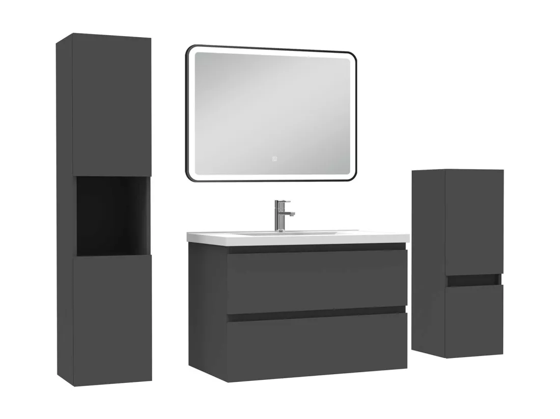 Meuble salle de Bain 80cm avec colonne + miroir mural lumineux 3 couleurs Anthracite