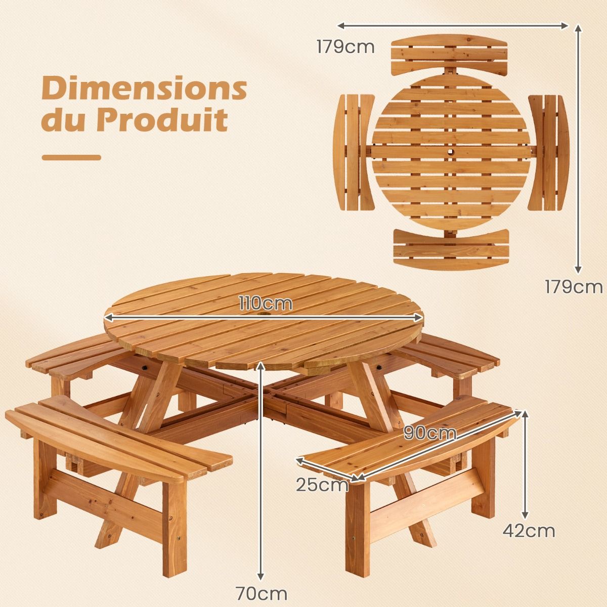 Ensemble Table de Pique-Nique en Bois pour 2 à 8 Personnes Set Table et Banc Circulaire avec 4 Bancs Intégrés Trou de Parasol de 5cm Marron/Jaune - Lidl-Manfred