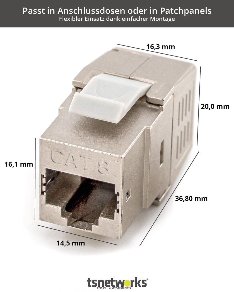 Cat. 8.1 Keystone module RJ45-aansluiting 40 Gbits 2000 MHz STP-koppeling volledig afgeschermd voor AWG22-24 installatiekabel Cat. 8, Cat. 7a, Cat. 7, Cat. 6, Cat. 6a, Cat. 5 en netwerkpatchpaneel patchveld