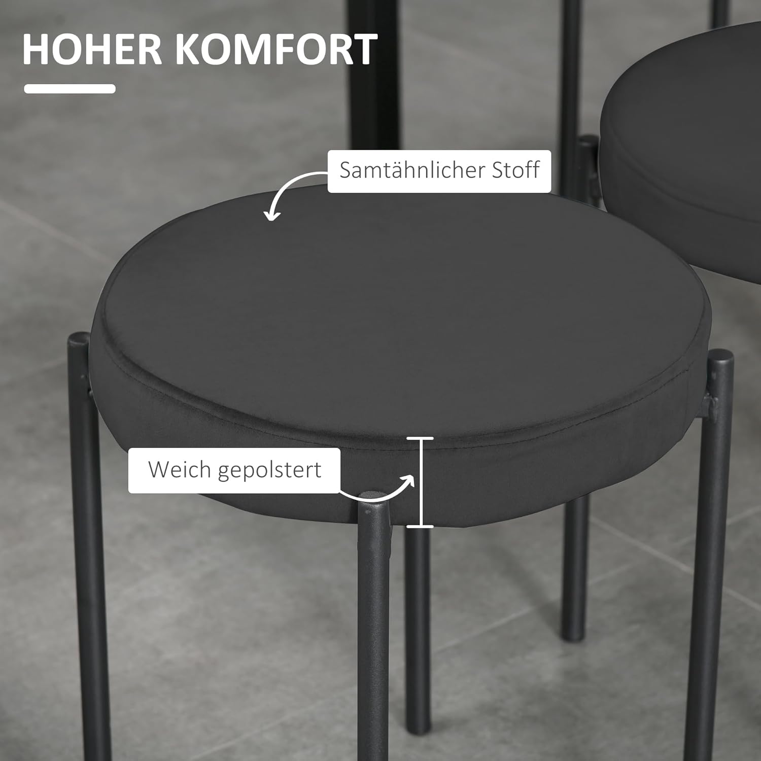 HOMCOM Esszimmerhocker 4er Set Stapelhocker Hocker aus Metall mit Samtoptik Küchenhocker Polsterhocker für Esszimmer Wohnzimmer Schwarz