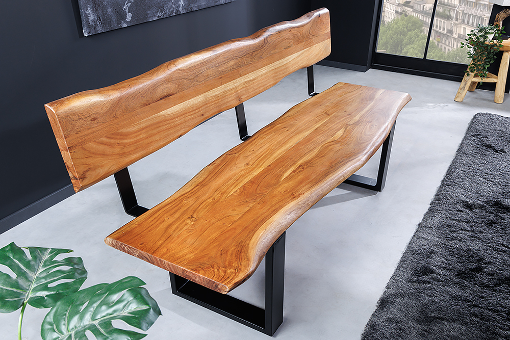 Massivholz Sitzbank MAMMUT 160cm natur Akazie Baumkante mit Lehne schwarzes Metallgestell