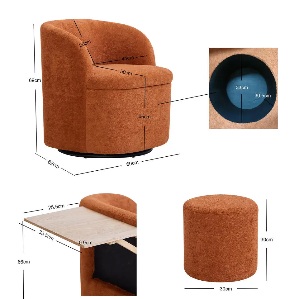 Salonstoel Swivel met Pouf van metaal en Terracotta fluweel