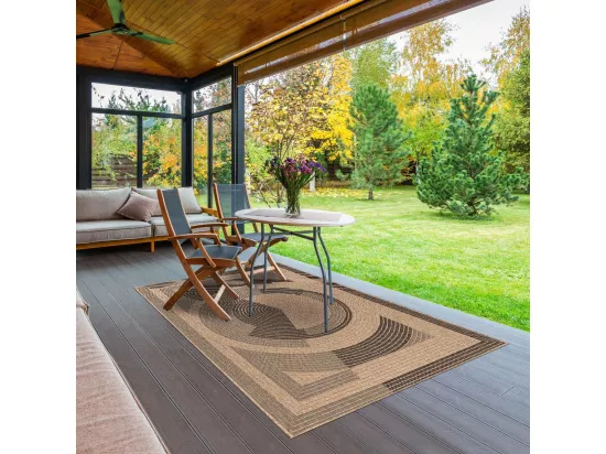 Tapis extérieur Ø80cm rond tissé kilim beige et noir JUTE ART 7