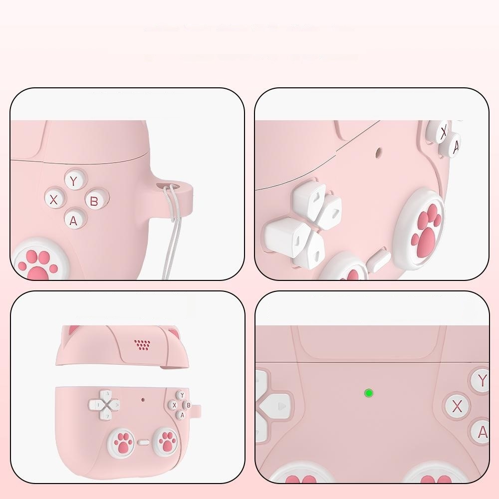 AirPods 4 Gummi Schutzhülle Retro Spielekonsole mit Katzenohren Abdeckung mit Karabinerhaken - Rosa