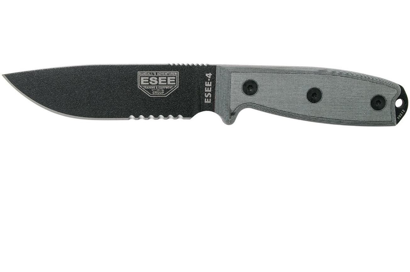 ESEE Model 4 serrated blade, grey handle 4S-MB-B met zwarte schede   clip en MOLLE-back
