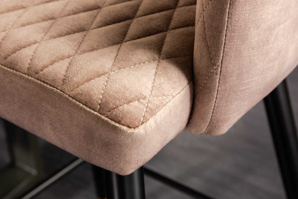 Design Barhocker PARIS greige Samt mit Lehne Metall schwarz gold Ziersteppung