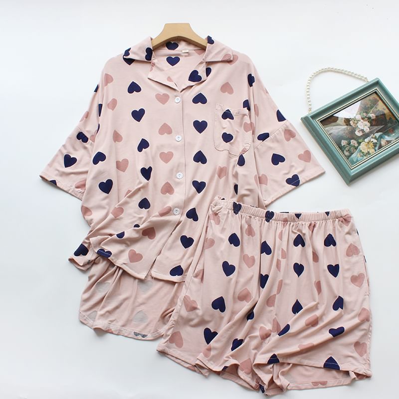 Dogini - Pyjamaset: shirt met korte mouwen en hartjesprint + shorts met elastische taille