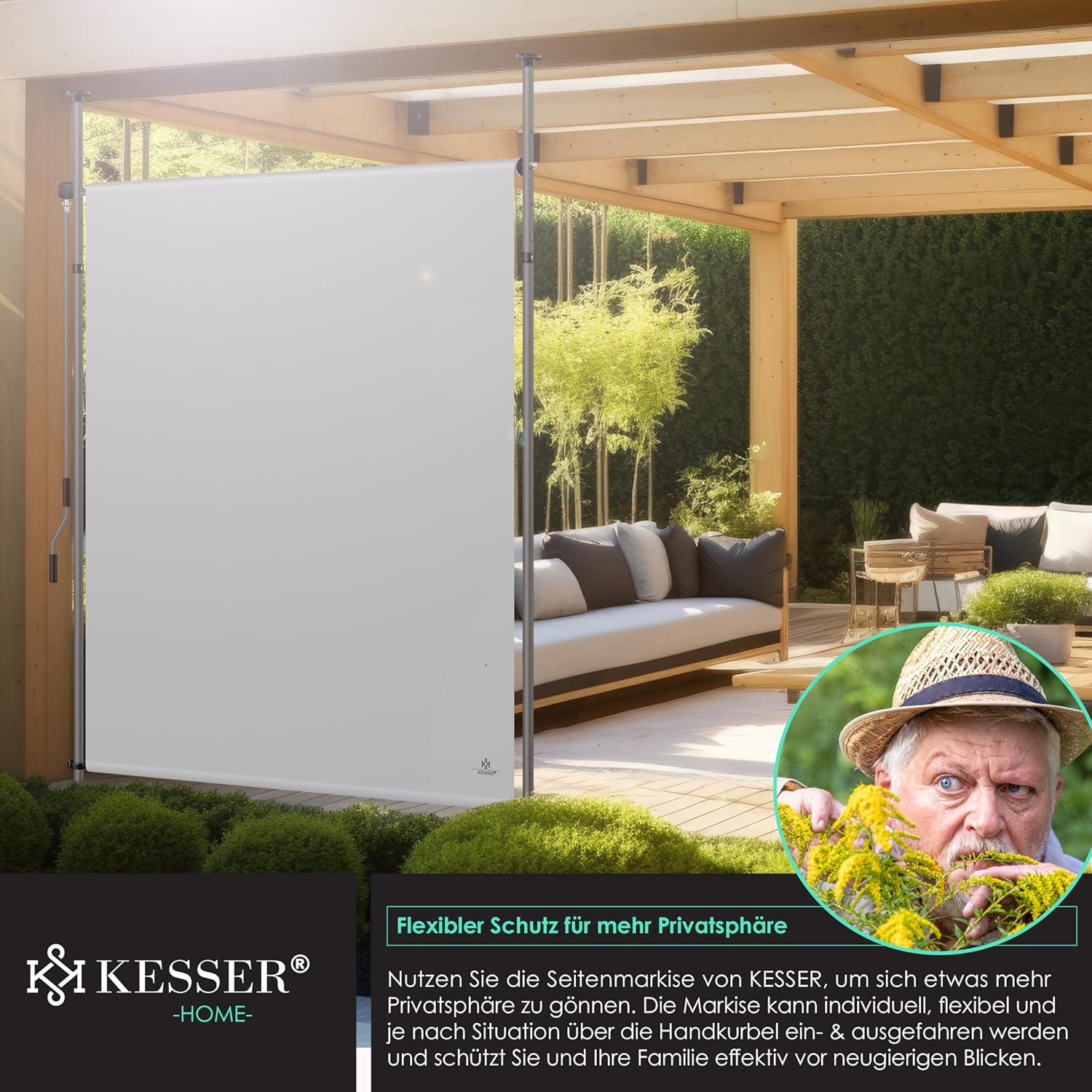 KESSER® Klemmmarkise Senkrechtmarkise 200x310cm Ausziehbar & Blickdicht Vertikalmarkise mit Handkurbel ohne Bohren Balkon-Sichtschutz & Windschutz für Garten & Terrasse Wasserfest Grau