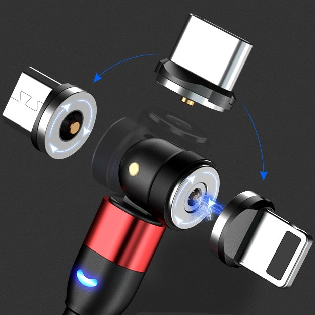 (1m) 3in1 Magnetisches 540 Grad Drehbares USB A auf USB C / Micro USB / Lightning Ladekabel Nylon Geflecht Datenkabel - Rot