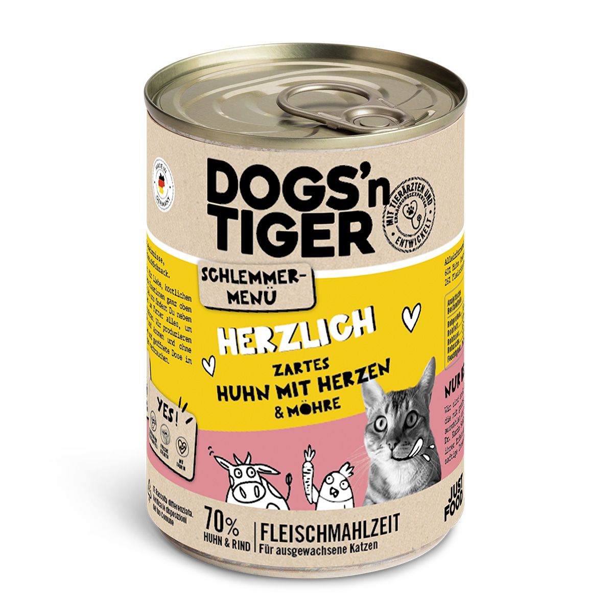 Dogs’n Tiger Adult, Katzenfutter, Herzlich, Nassfutter, Getreidefrei, Huhn, Rinderherzen & Karotte