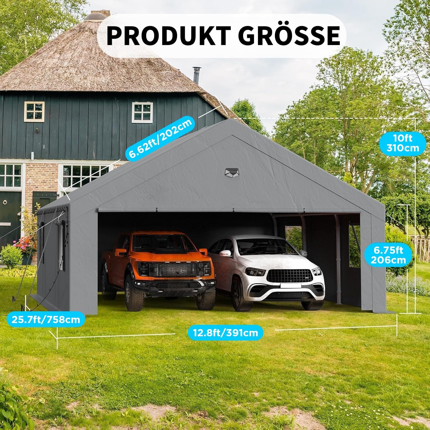 Carport Zeltgarage 4mx7.6m – Extra großes winterfestes Garagenzelt mit Rollfenstern für Auto SUV LKW Boote – Seitenwände und Dach abnehmbar – als Unterstand Lagerzelt oder Weidezelt