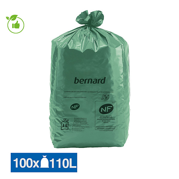 Sacs poubelle déchets lourds Bernard Green NF verts 110 L, lot de 100