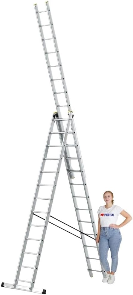 PROREGAL Economy Plus 3-delige multifunctionele ladder met dwarsbalk, 3 x 13 sporten, werkhoogte 8,61 m, draagvermogen 150 kg