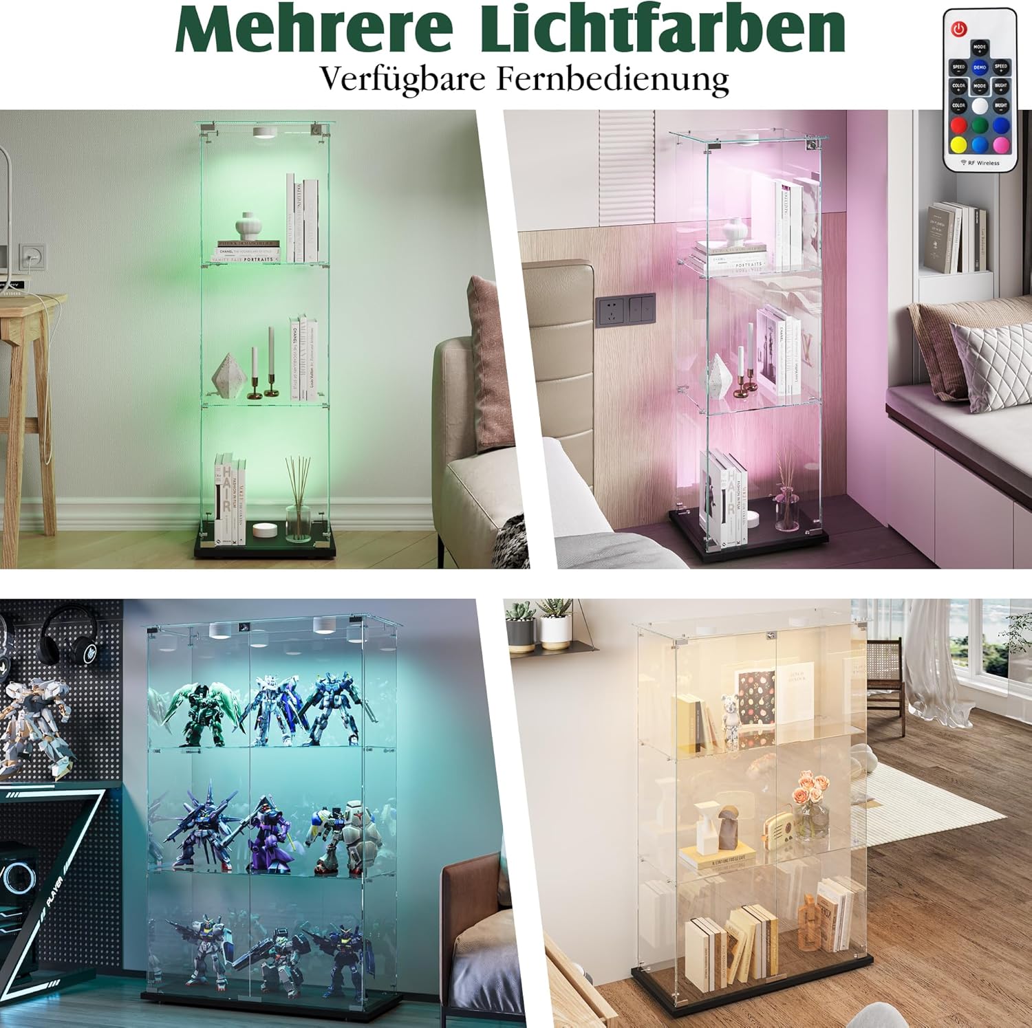 Vitrine für Sammlungen, groß, Glasvitrine mit Licht, 123,3 x 35 x 78,5 cm, Vitrine mit Rollen und LED, 2 Türen, 3 Einlegeböden, transparent (2 Türen, 3 Etagen, Schwarz + Rad)