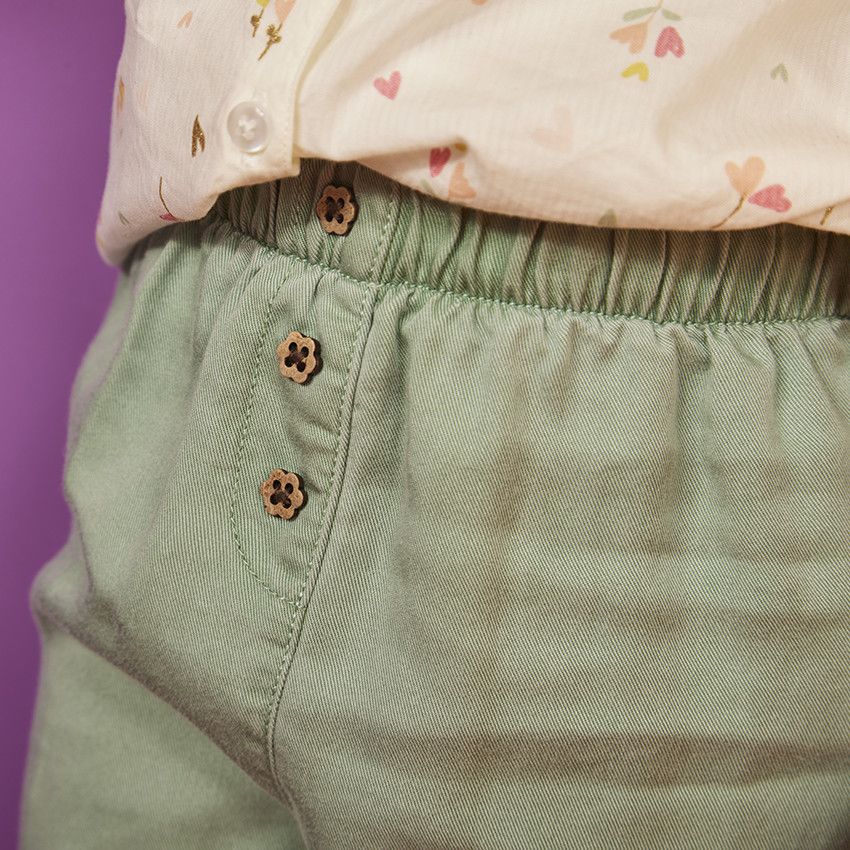 Pantalon en toile avec boutons fleurs pour bébé fille - Vert
