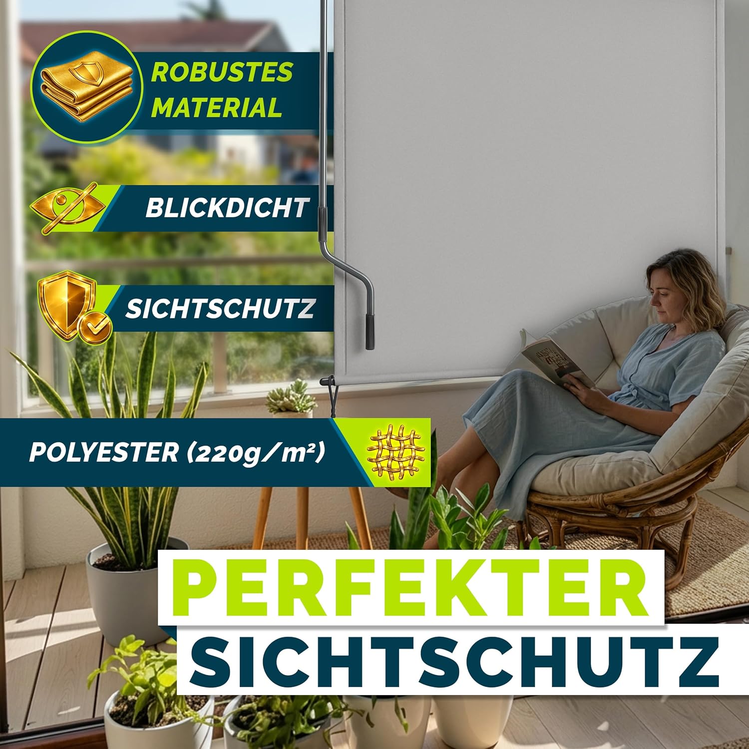tillvex® Senkrechtmarkise 200 x 250 cm für Außen- und Innenbereich | Außenrollo wasserfest mit Handkurbel für Balkon, Terrasse & Garten | Balkonrollo Sonnenschutz aus Aluminium | Rollo Sichtschutz