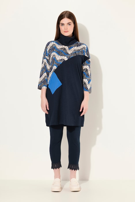 Longshirt, Oversized, Stehkragen, 3/4-Arm, Biobaumwolle