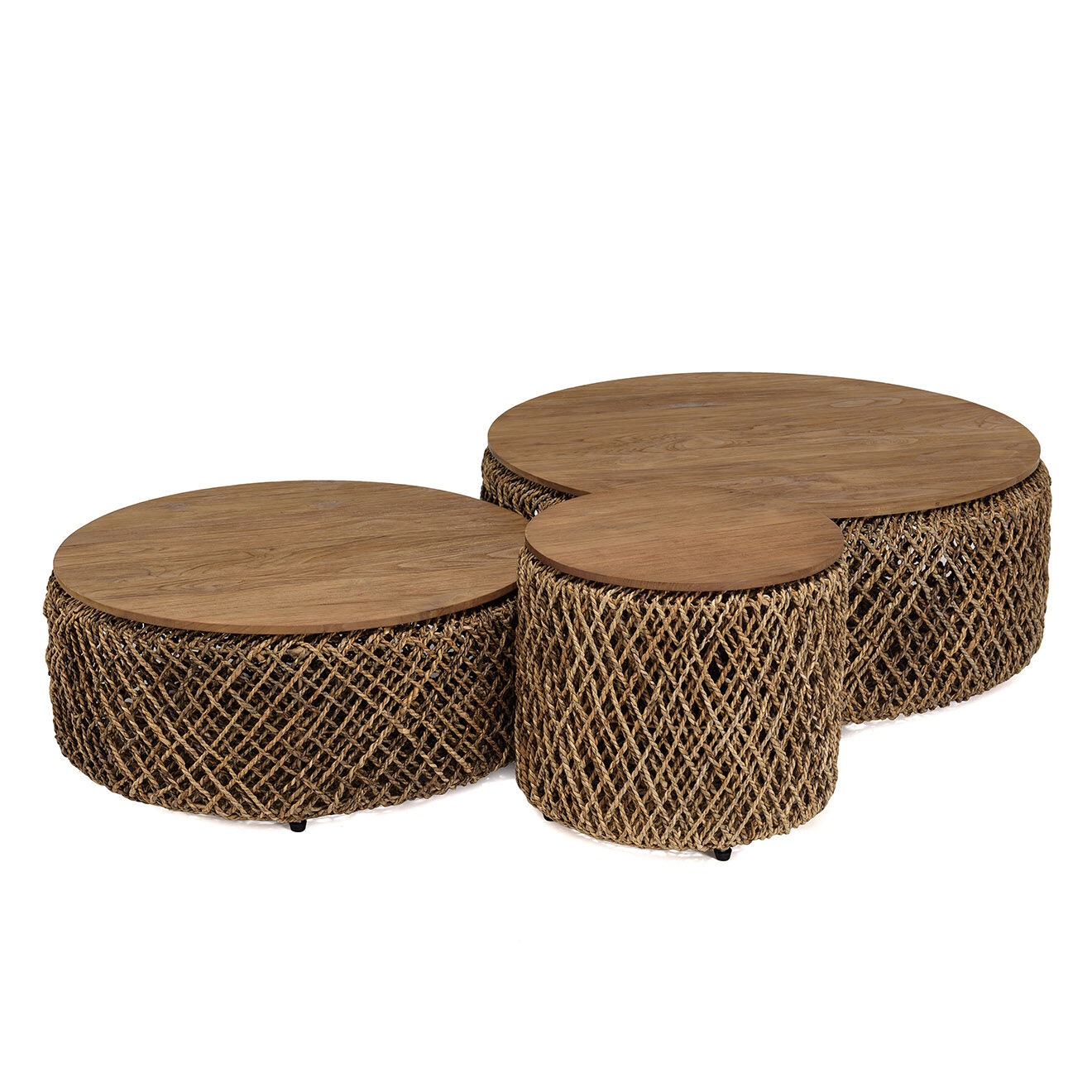 Macabane 3 Tables basses rondes en tissage de fibre de cocotier Sixtine bois