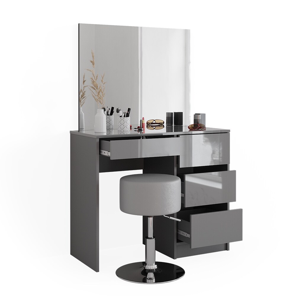 Vicco Schminktisch Sherry Grau Hochglanz, 90 x 75 cm, Spiegel, Hocker, Frisiertisch