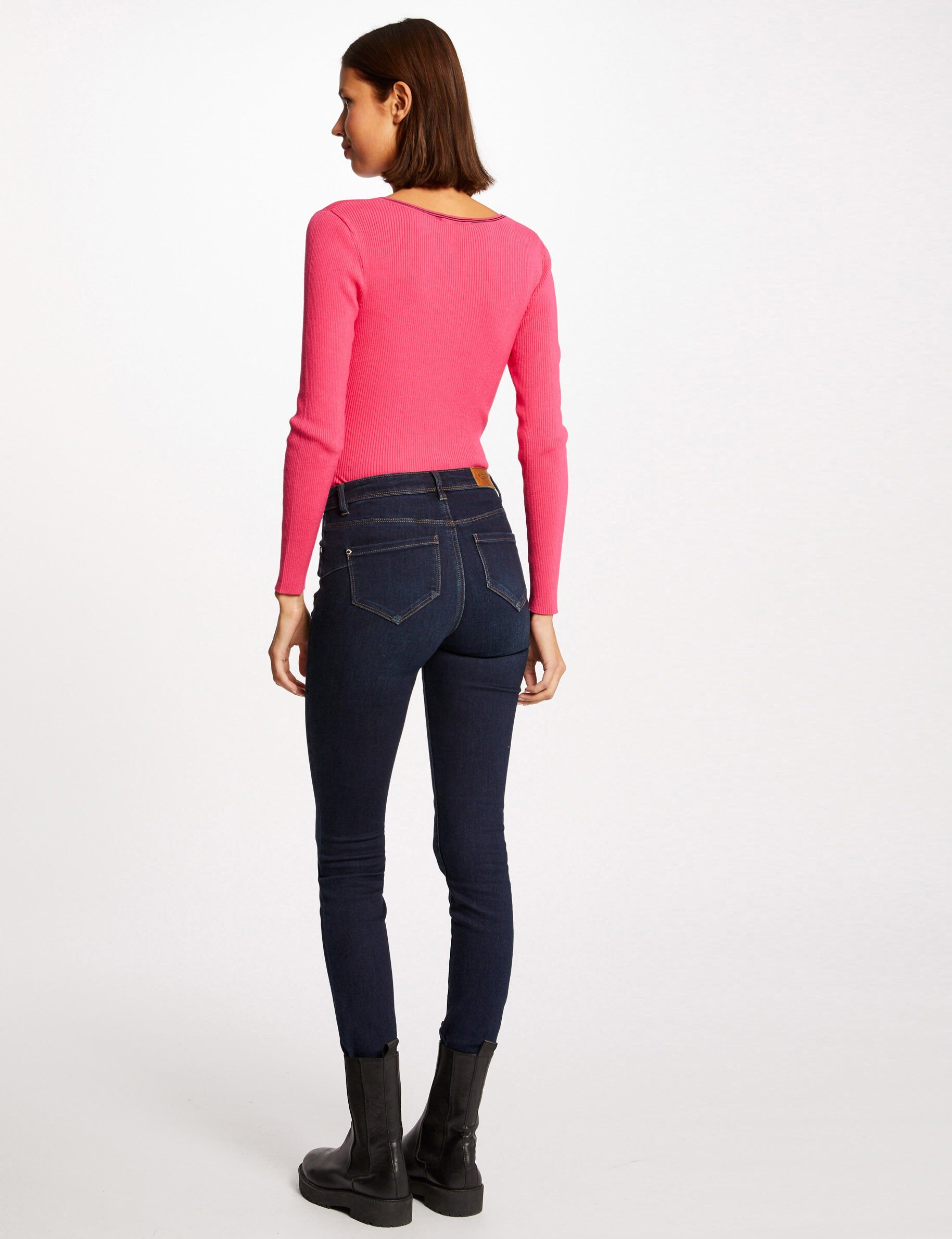 Pull manches longues à col en V fuchsia femme - fuchsia