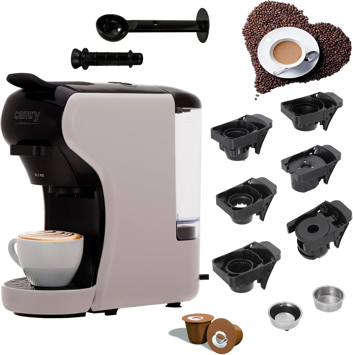 CAMRY Kapselkaffeemaschine CR 4414 mit 0,6L Wasserta 19 Padmaschine kompakt Bar - Espressomaschine 3000W Kompatibel mit Nespresso, Dolce Gusto, Lavazza & mehr - Einfache 3-Knopf-Bedienung