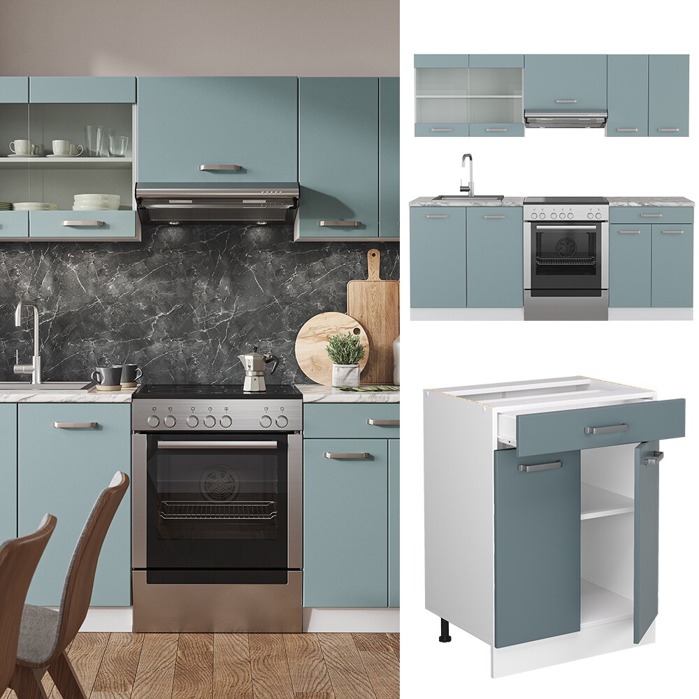 Vicco Küchenzeile R-Line Solid Weiß Blau Grau 200 cm modern Küchenschränke Küchenmöbel