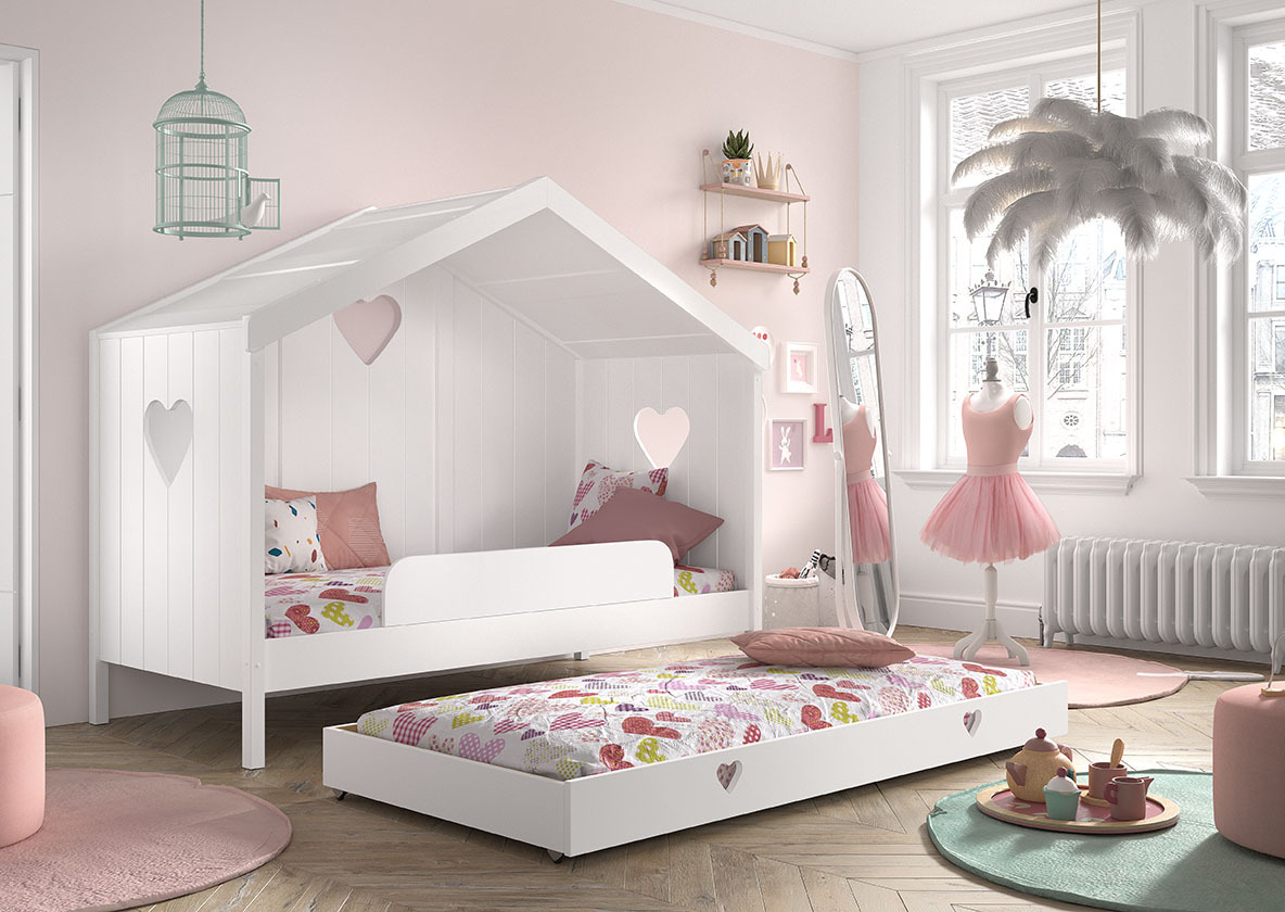 Hausbett AMORI - weiß - teilmassiv - Rückwand - mit Bettschublade und Absturzschutz - 90x200 cm