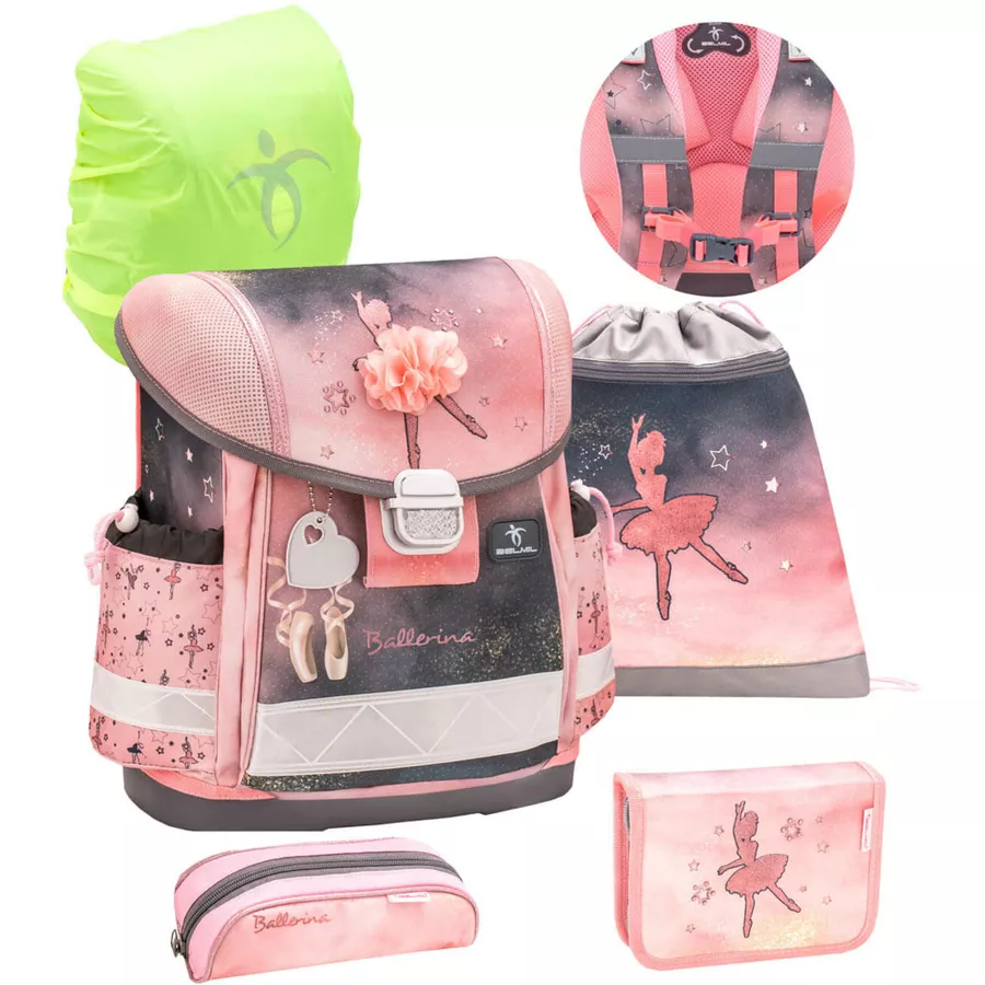 Belmil Schulranzen Classy Schulranzen Set 5-teilig mit Brustgurt Ballerina Black Pink