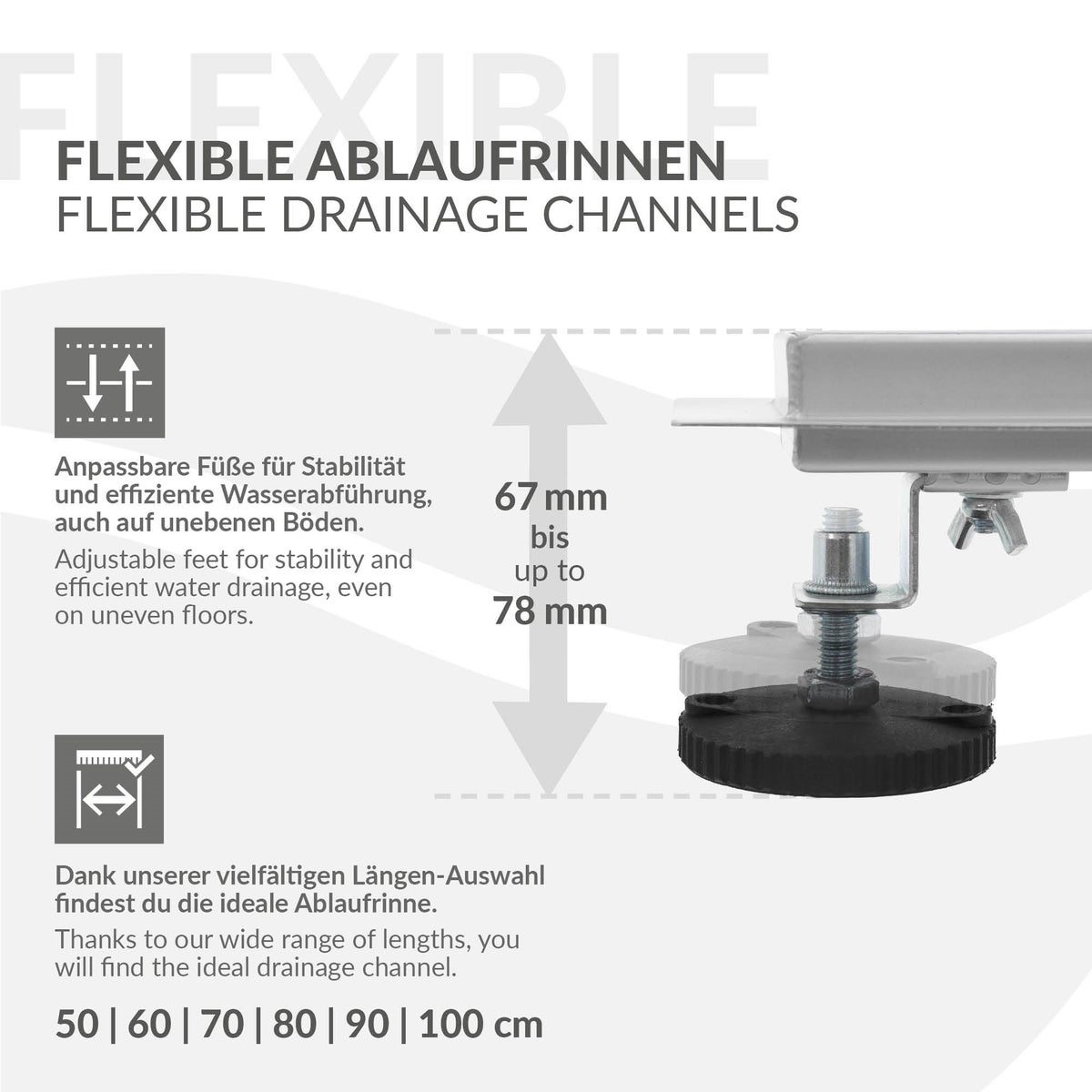 LuxeBath Doucheafvoer 70cm 2in1, betegelbaar, extra vlak, RVS, zilver, dubbelzijdige vloerafvoer, complete vloerinbouwset, doucheafvoer, sifon met stankafsluiter, haarzeef, douchegoot