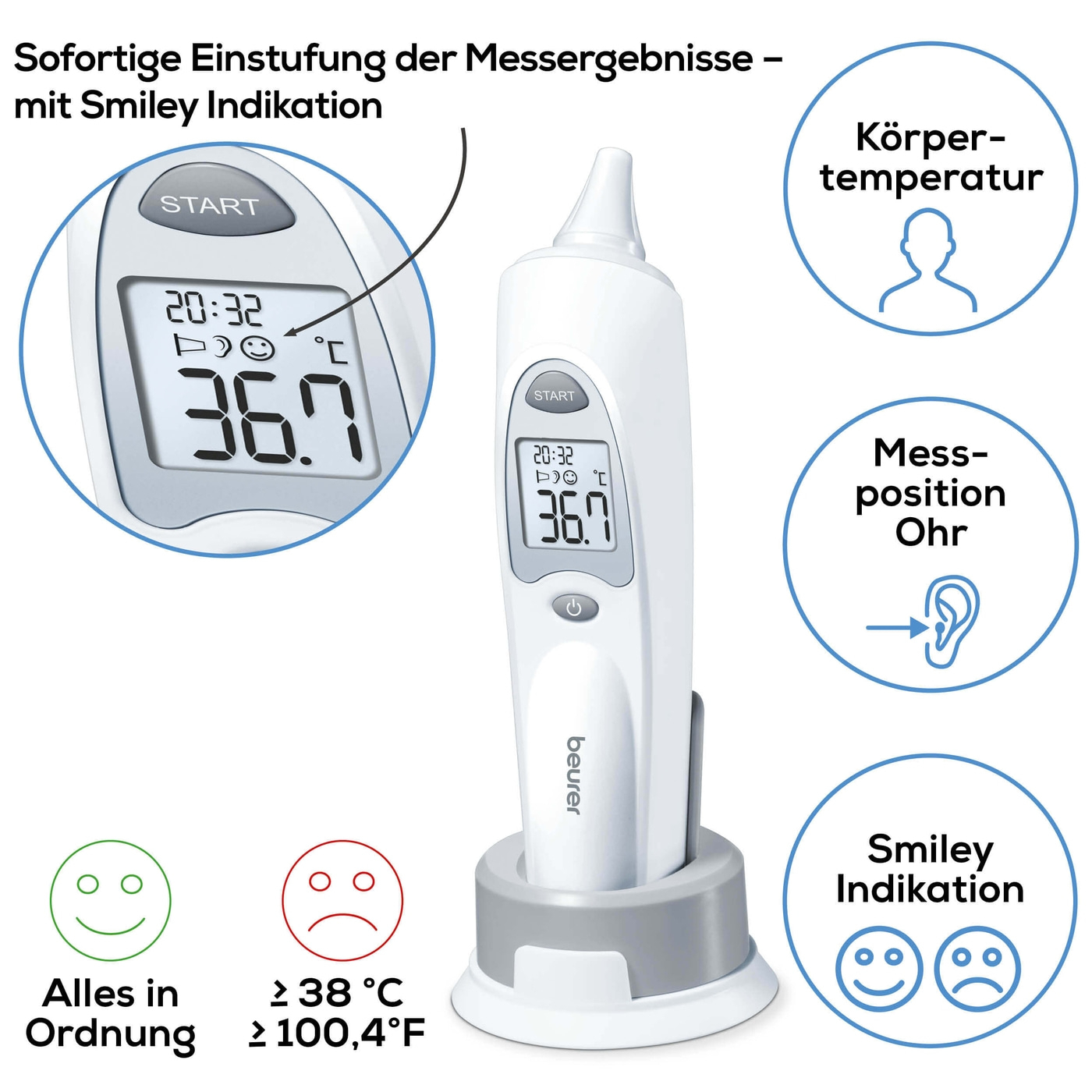FT 58 Ohrthermometer Infrarot Fieberthermometer Temperatur Messgerät (°C/°F) inkl. Batterien  (79533) - Weiss