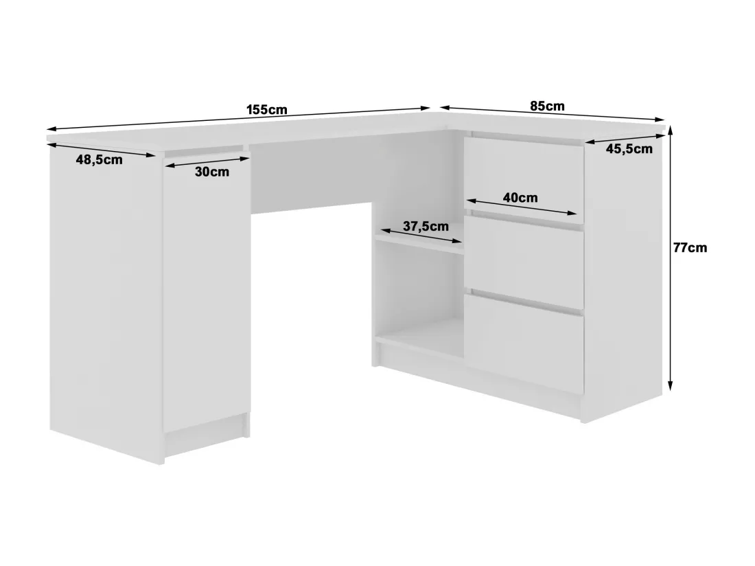 Grand bureau d'angle AKORD droit B20 Chêne Sonoma 155 cm 1 porte 3 tiroirs façade Blanche 4 étagères 155x85x77 cm