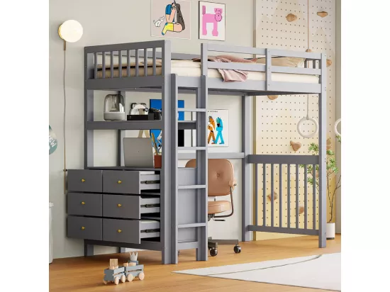 Lit mezzanine 90x200cm - avec échelle - avec 6 tiroirs - avec étagères - design rail haut - sommier à lattes - bois massif - gris (matelas non inclus)