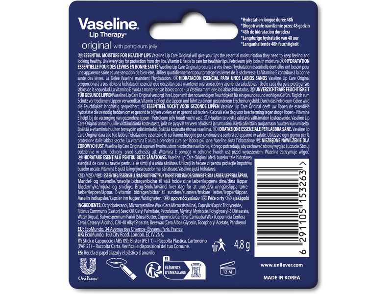 Vaseline Lippenpflege Original 4.8 g Feuchtigkeitsspendende Lippenpomade mit Vitamin E für weiche und gesunde Lippen