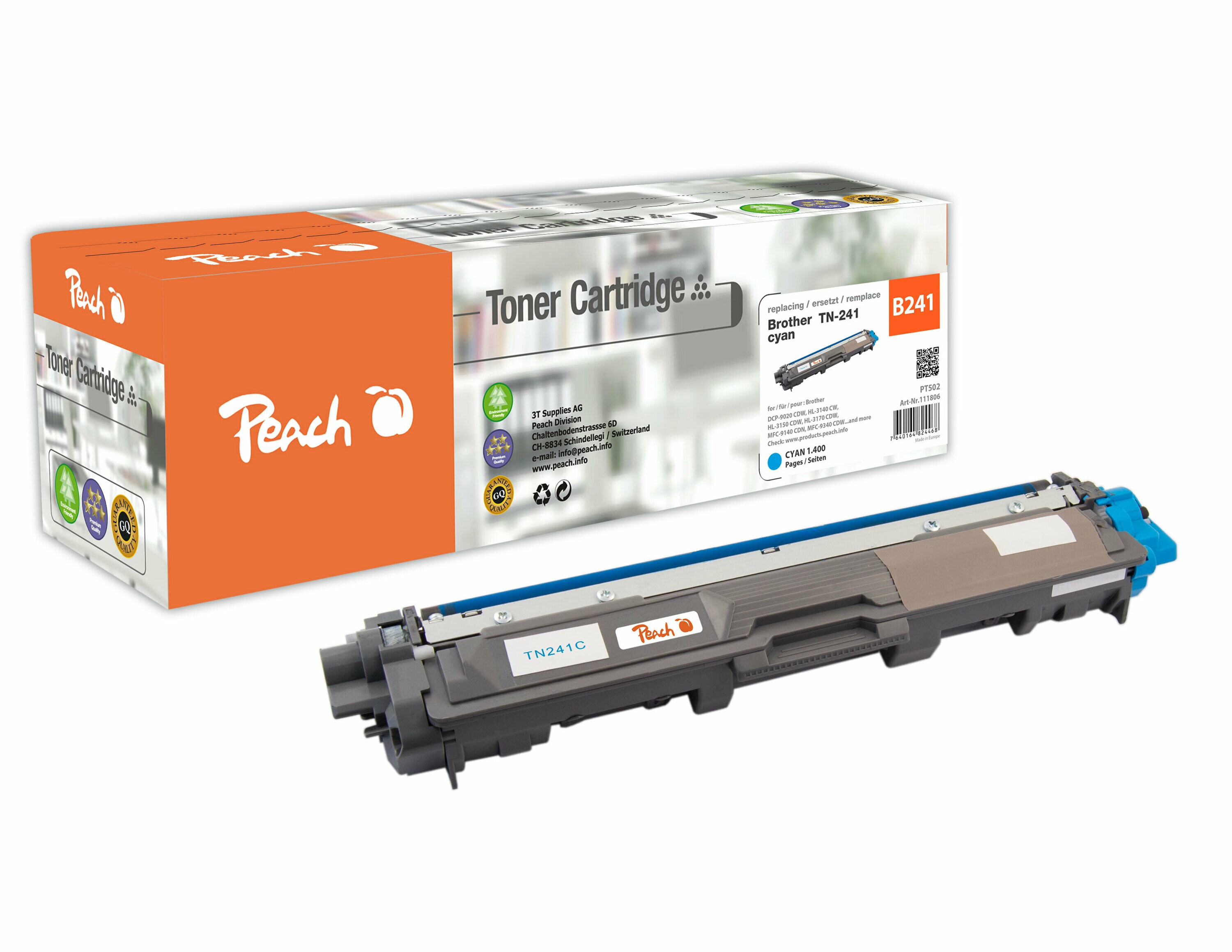 Peach B241 C Toner cy ersetzt Brother TN-241C für z.B. Brother DCP -9020 CDW, Brother HL -3140 CW, Brother HL -3150 CDN, Brother HL -3150 CDW (wiederaufbereitet)