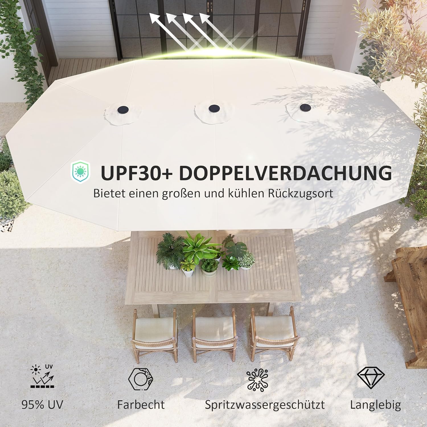 Outsunny Doppelsonnenschirm 436 x 260 cm, UV Schutz Stahl Sonnenschirm mit Handkurbel, oval Balkonschirm Strandschirm windfest stabil Marktschirm Kurbelschirm für Strand Balkon Garten