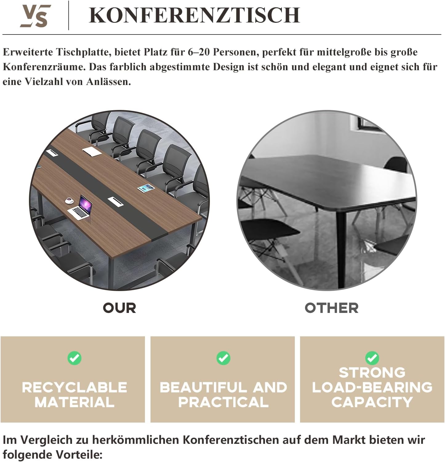 Großer Konferenztisch Büro – Moderner Besprechungstisch mit Kabelmanagement, Rechteckiger Meetingtisch für 8–12 Personen, Stabiler Metallrahmen (ohne Stühle)