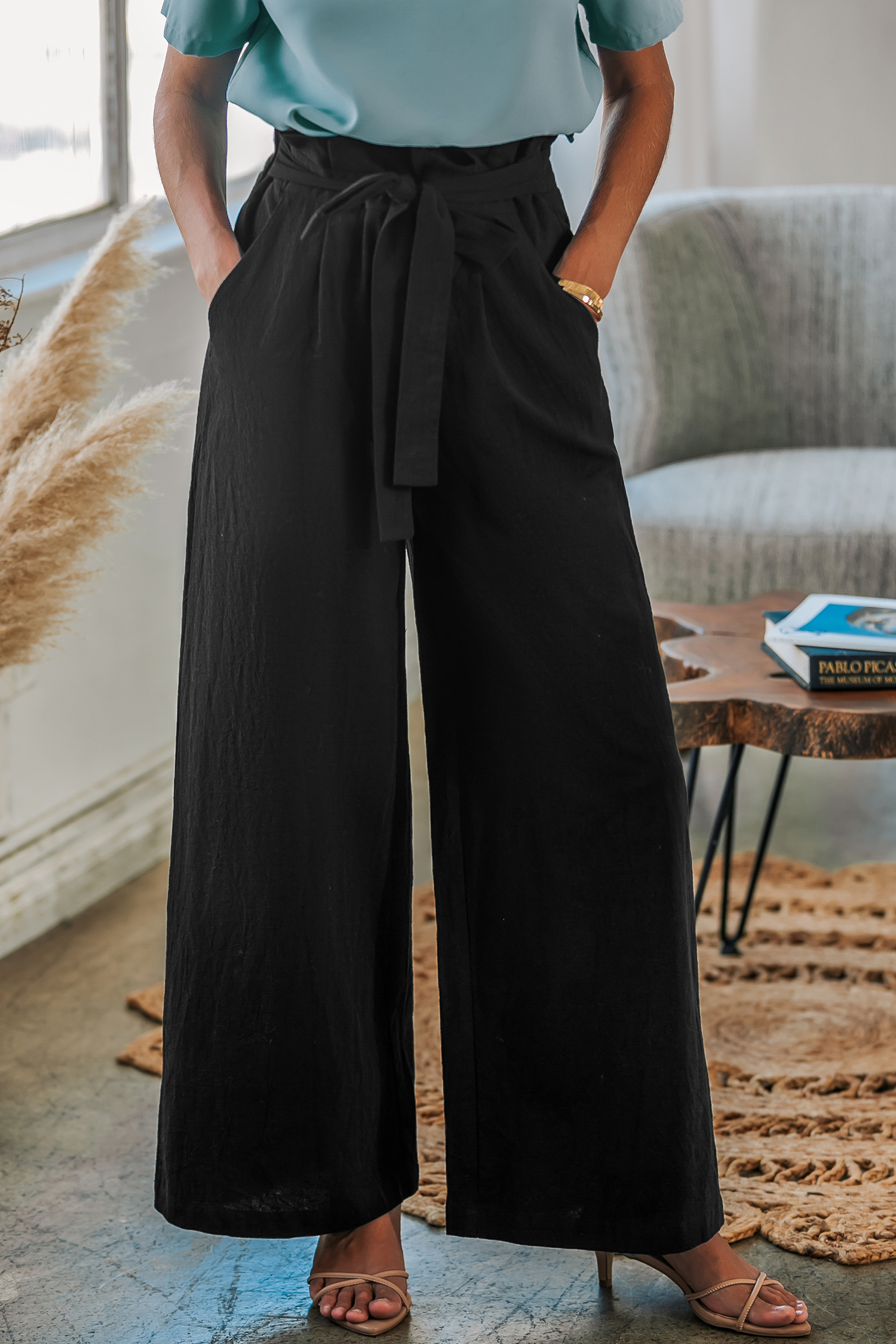 Pantalon en pur coton à poches et jambes larges noir
